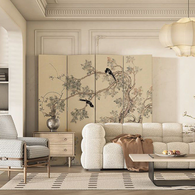 Traditional French Rectangular Fir Wood Solid Wood Plywood Cotton Canvas Floral And Bird Motif Room Divider For Living Room