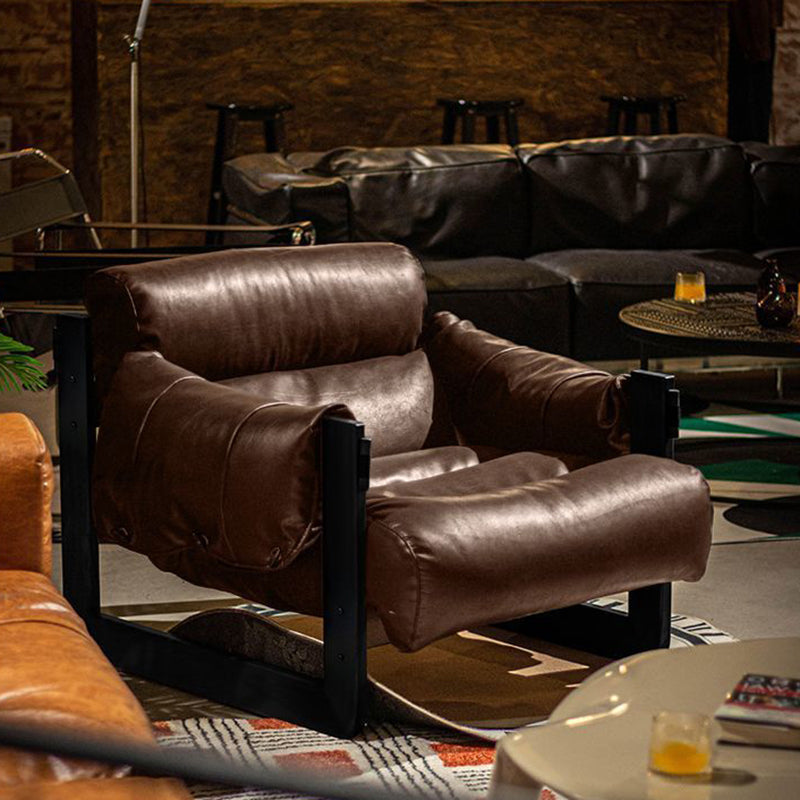 Traditional Vintage Rectangular Oil-Waxed Leather Iron Accent Chair Backrest Armrest For Living Room