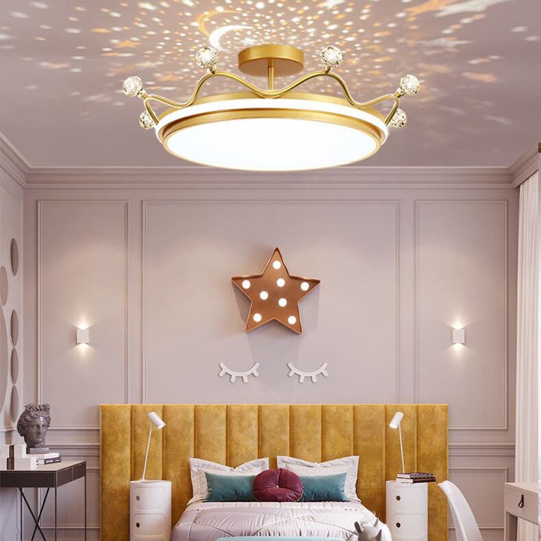 Contemporary Creative Kids Crown Iron Acrylic LED Semi-Flush Mount Ceiling Light For Bedroom