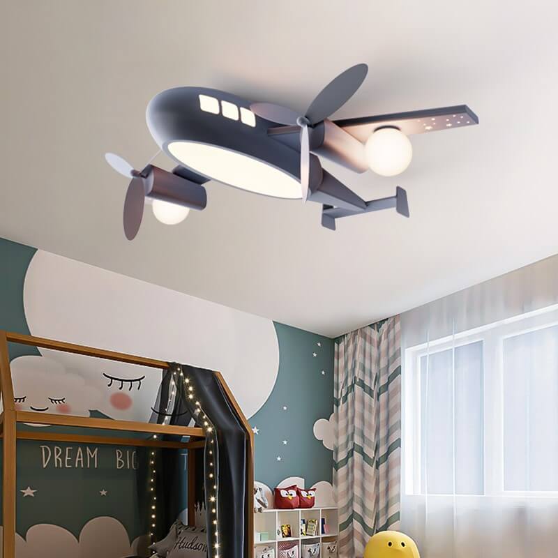Nordic Creative Kids Cartoon Wrought Iron Airplane LED Flush Mount Ceiling Light