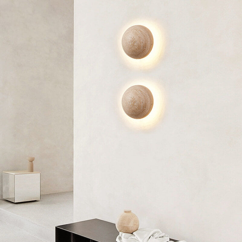 Japanese Minimalist Round Yellow Travertine Wabi-Sabi LED Wall Sconce Lamp