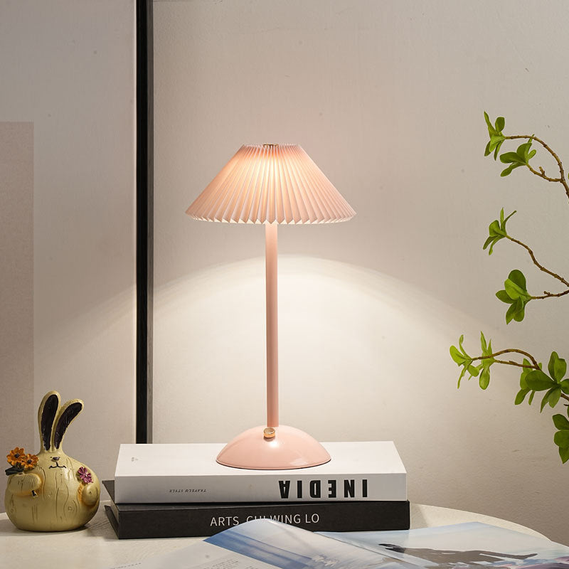 Contemporary Scandinavian Rechargeable Iron Fabric Conic Pleated 1-Light Table Lamp For Bedside
