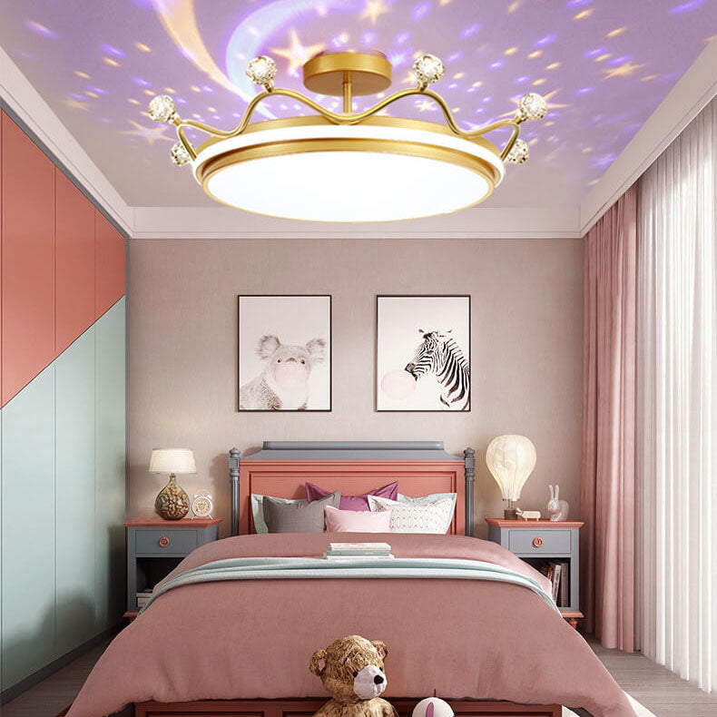 Contemporary Creative Kids Crown Iron Acrylic LED Semi-Flush Mount Ceiling Light For Bedroom