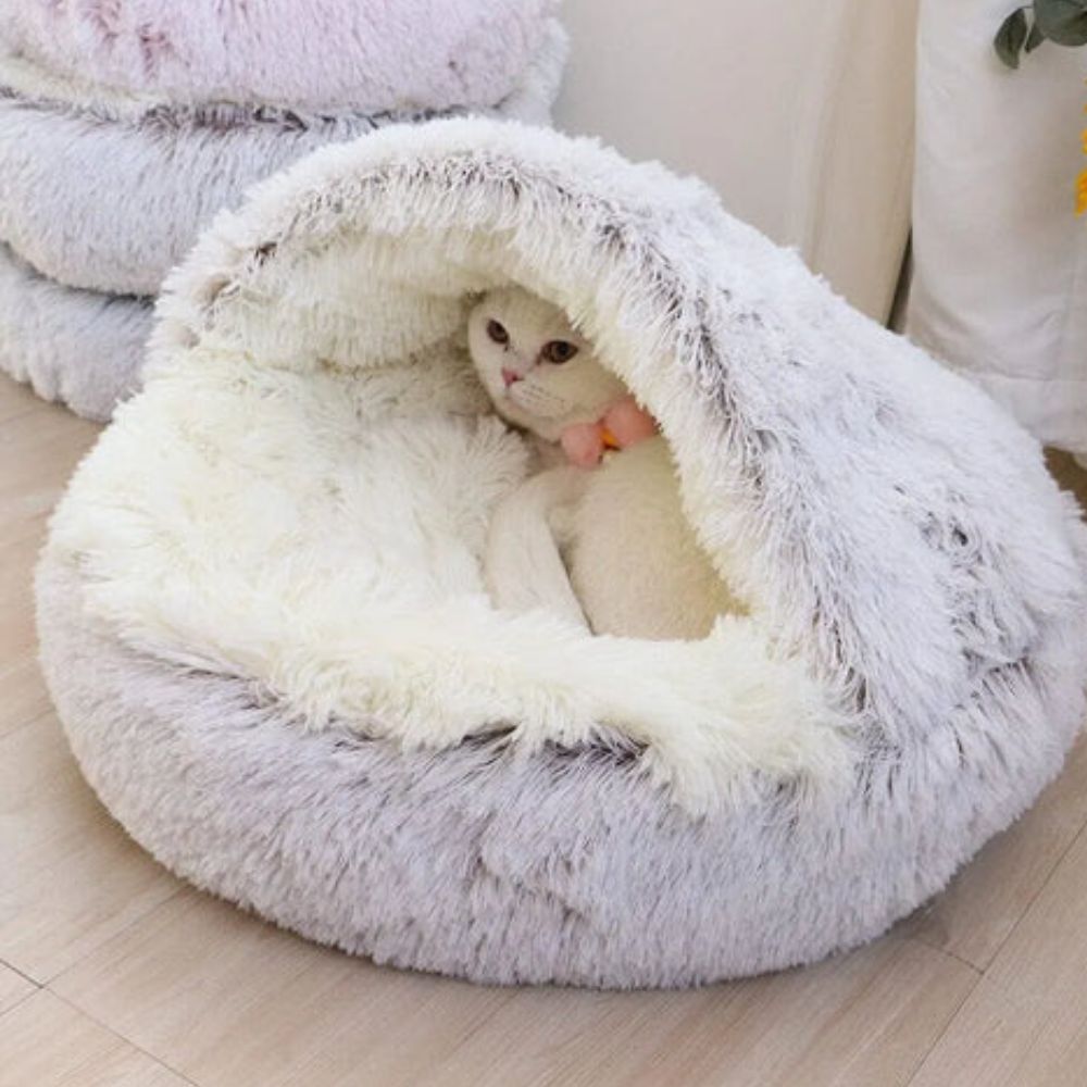 Panier rond à capuche en fausse fourrure pour animaux