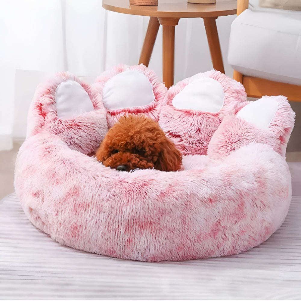 Cama para mascotas peluda en forma de pata