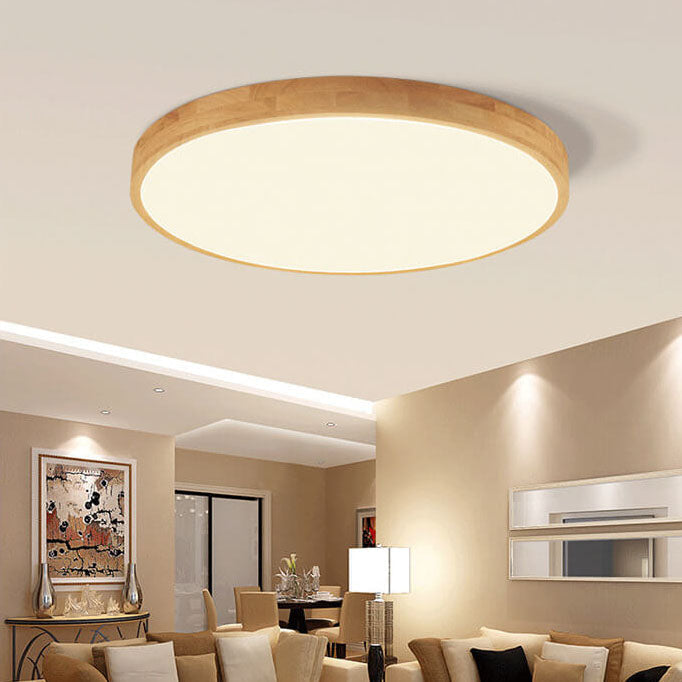 Nordic Solid Wood Round Ultra-Thin LED Flush Mount Ceiling Light