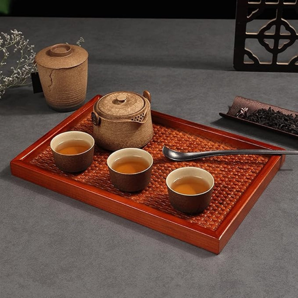 Bandeja Artesanal de Té de Madera y Ratán
