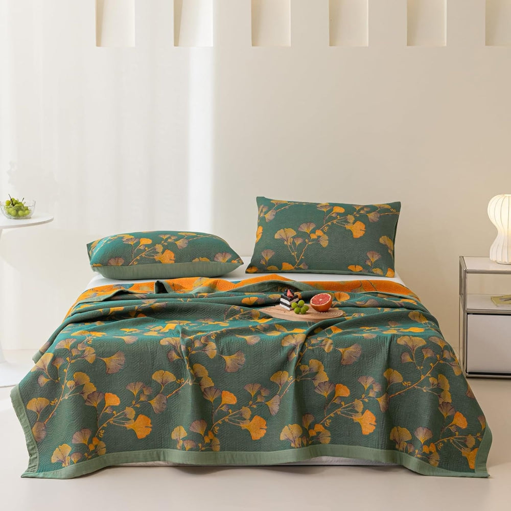 Jacquard Blumen Ginkgo-Blätter Wendbare Tagesdecke