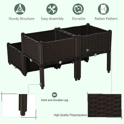 Raised Plastic Planter Box – Self-Draining Rattan-Style Design for Outdoor Gardening