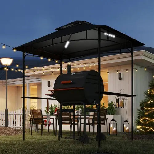 BBQ Gazebo Shelter – Two-Tier Canopy with Side Shelves & Storage Baskets