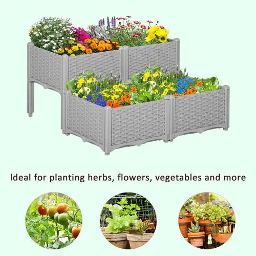 Raised Plastic Planter Box – Self-Draining Rattan-Style Design for Outdoor Gardening