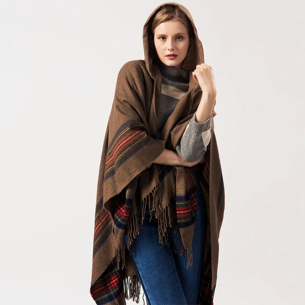 Acryl Kapuzen-Poncho-Schal mit Streifen