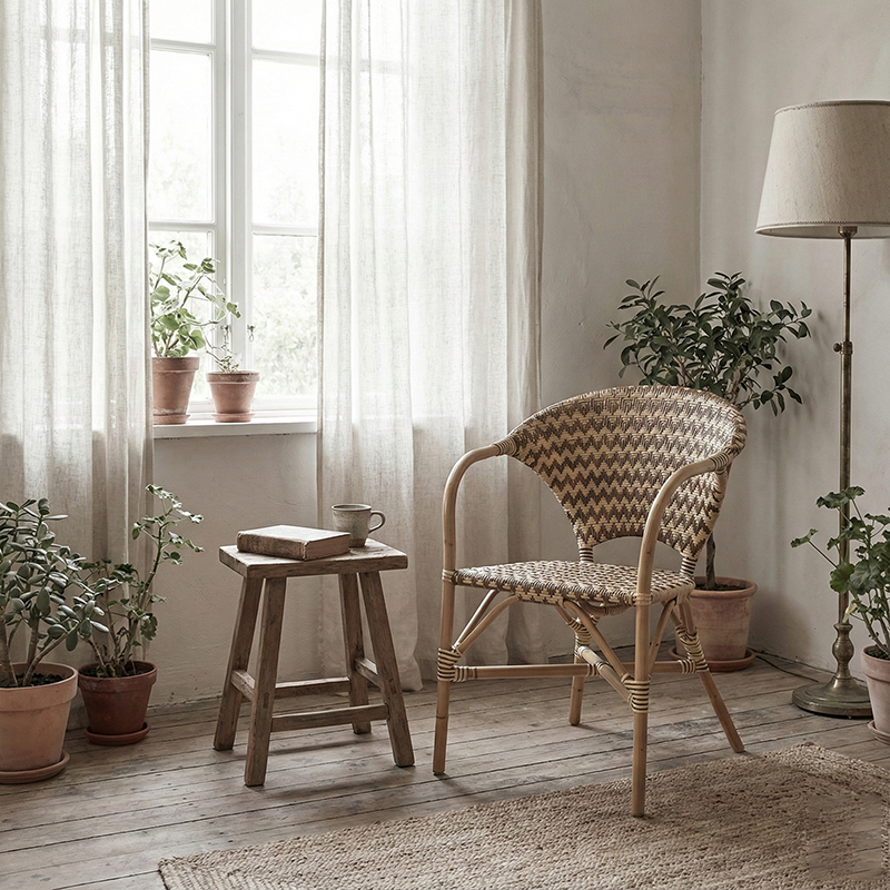 Contemporary Nordic Indonesian Natural Rattan Weaving Dining Chair - Patio Chair With Wide Back & Armrests For Dining Room & Patio & Balcony