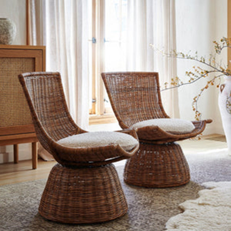 Contemporary Scandinavian Indonesian Rattan Weaving Swivel Lounge Chair - Back Chair With Handwoven Texture For Living Room