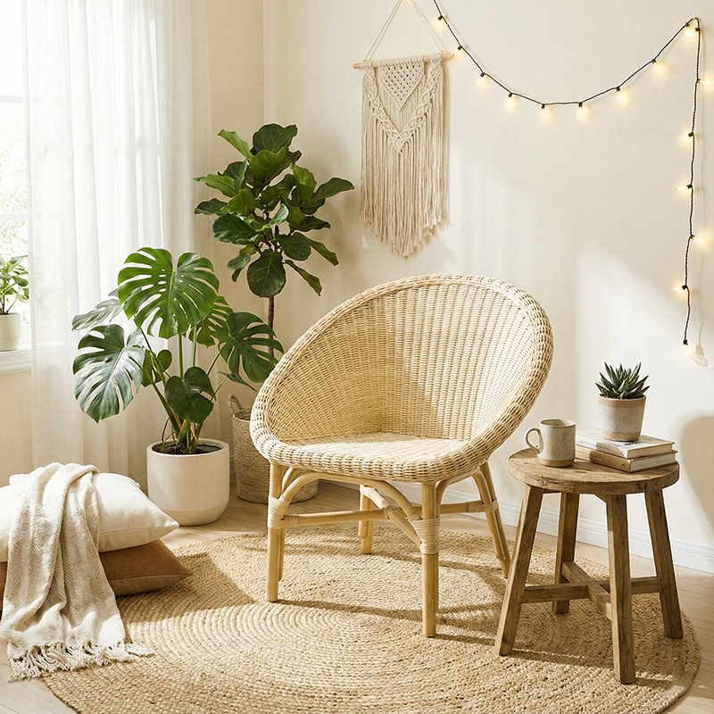 Japanese Handwoven Indonesian Rattan Weaving Accent Chair - Back Chair For Balcony & Living Room