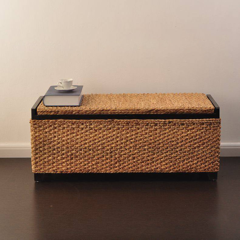 Traditional Rustic Rectangular Rounded-Corner Solid Wood Narcissus Rattan Weaving Shoe Bench 1-Storage For Entryway