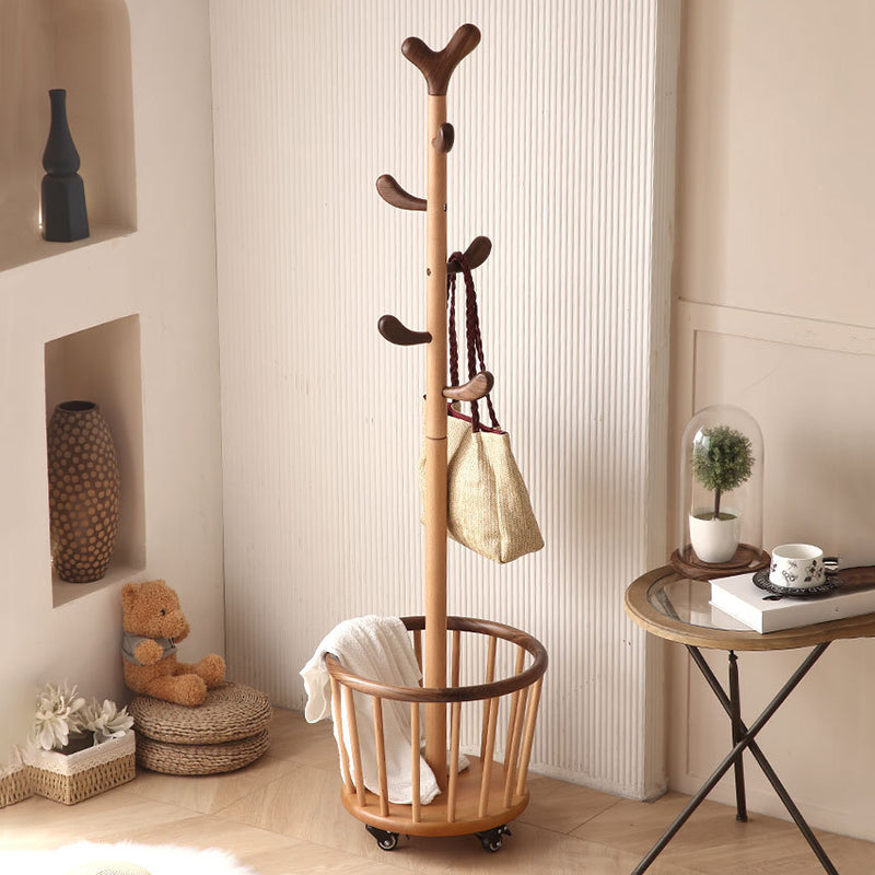 Modern Minimalist Tree Bud Heart Design Solid Wood Movable Hall Tree 1-Storage For Entryway & Hallway