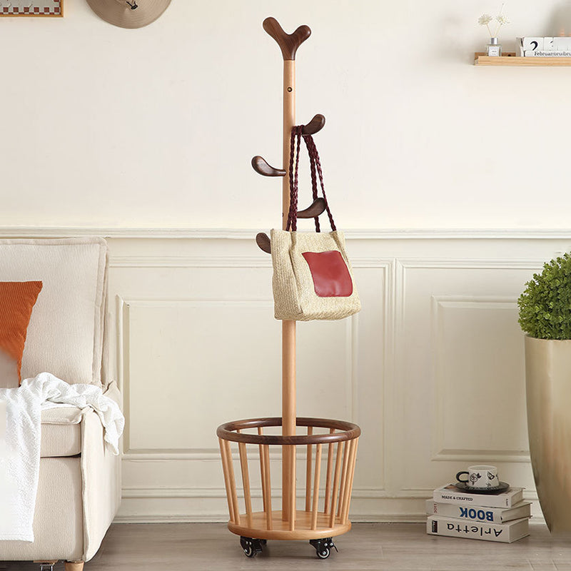 Modern Minimalist Tree Bud Heart Design Solid Wood Movable Hall Tree 1-Storage For Entryway & Hallway