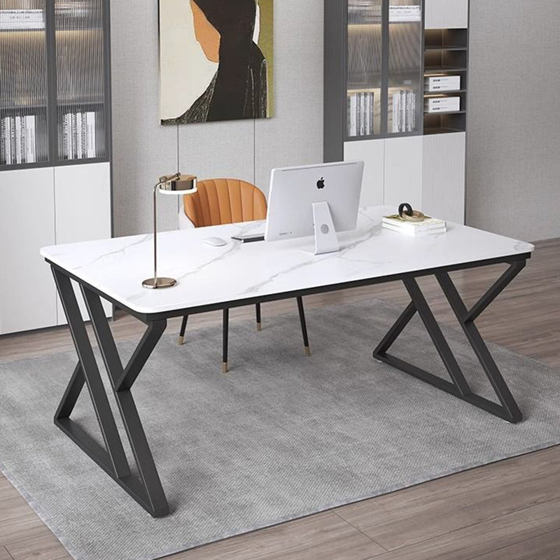 Stone Slab Top Office Desk with Carbon Steel Frame - Modern Minimalist Rectangular Desk for Home Office