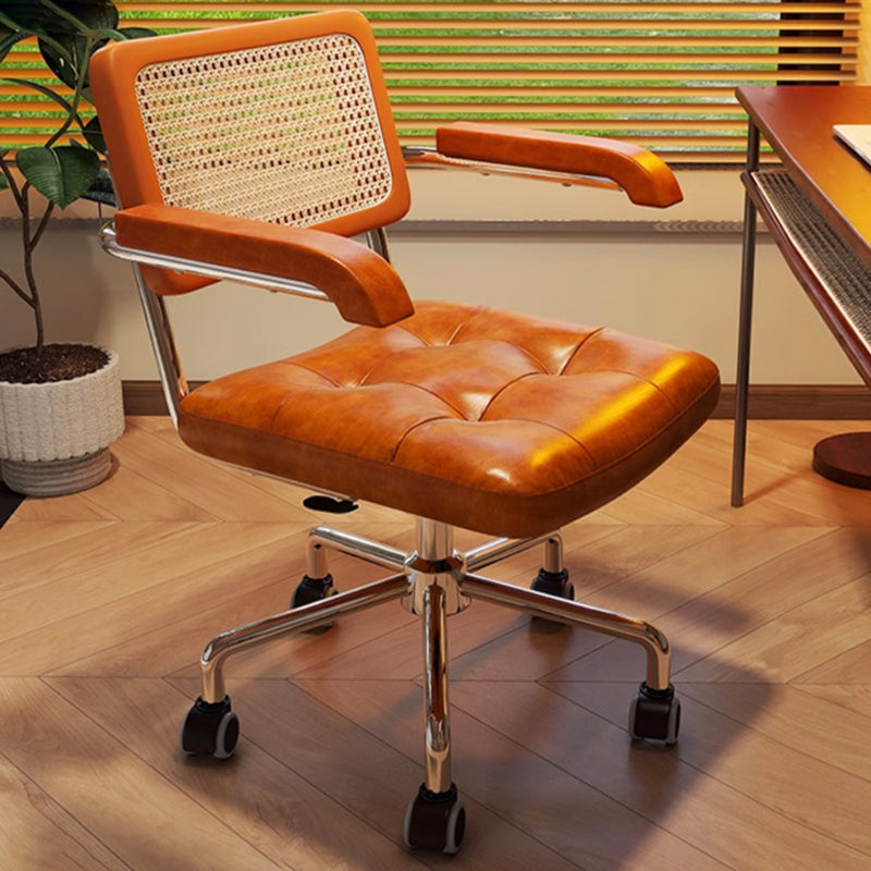 Modern Minimalist Rectangular Rattan Solid Wood Steel Oil-Waxed Leather Desk Chair Backrest Armrest For Home Office