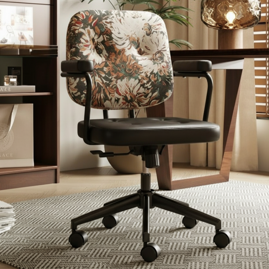 Traditional Vintage Square Top-Grain Semi-Aniline Leather Fabric Steel Height-Adjustable Swivel Desk Chair For Home Office