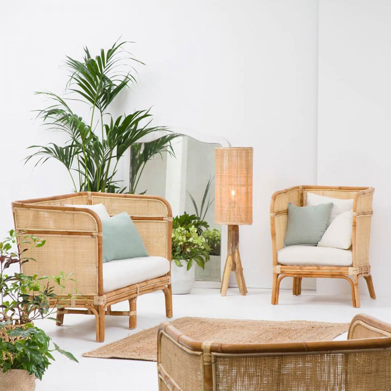 Traditional Chinese Backrest Armrest Sofa: Natural Indonesian Rattan & Handwoven - Waterproof Cushion Zen-Style Chair For Living Room