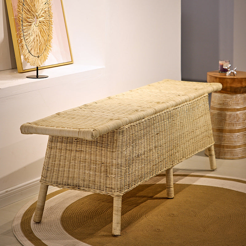 Contemporary Scandinavian Rectangular Bench: Natural Indonesian Rattan & Handwoven - Spacious Seat Shoe Bench For Living Room