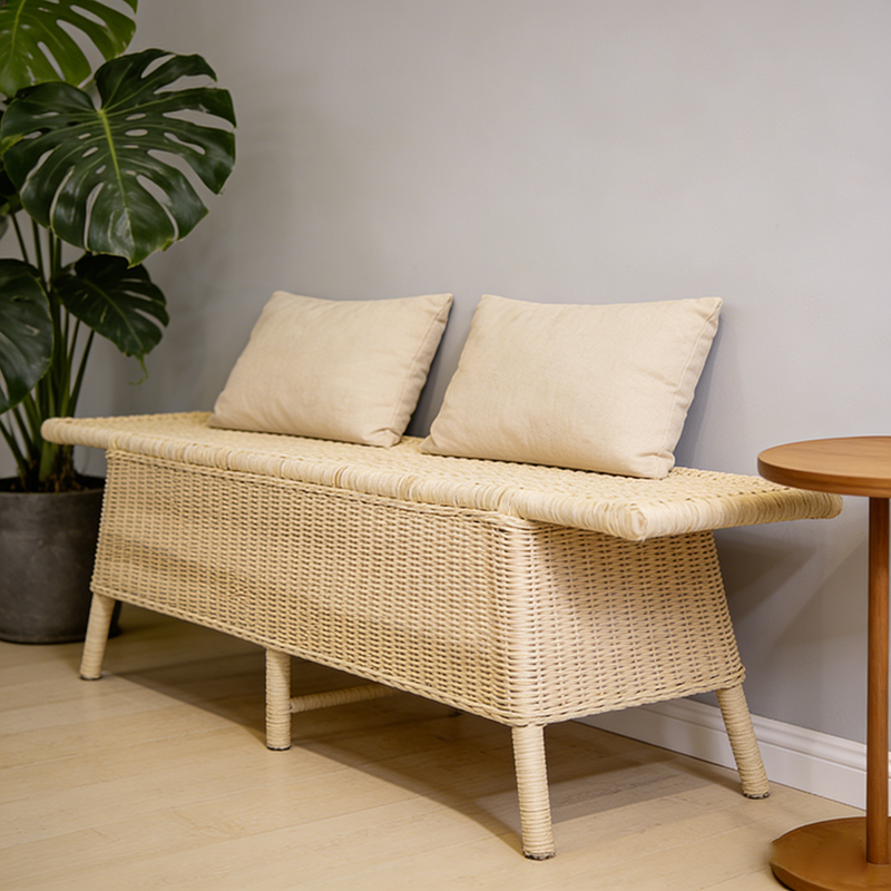 Contemporary Scandinavian Rectangular Bench: Natural Indonesian Rattan & Handwoven - Spacious Seat Shoe Bench For Living Room