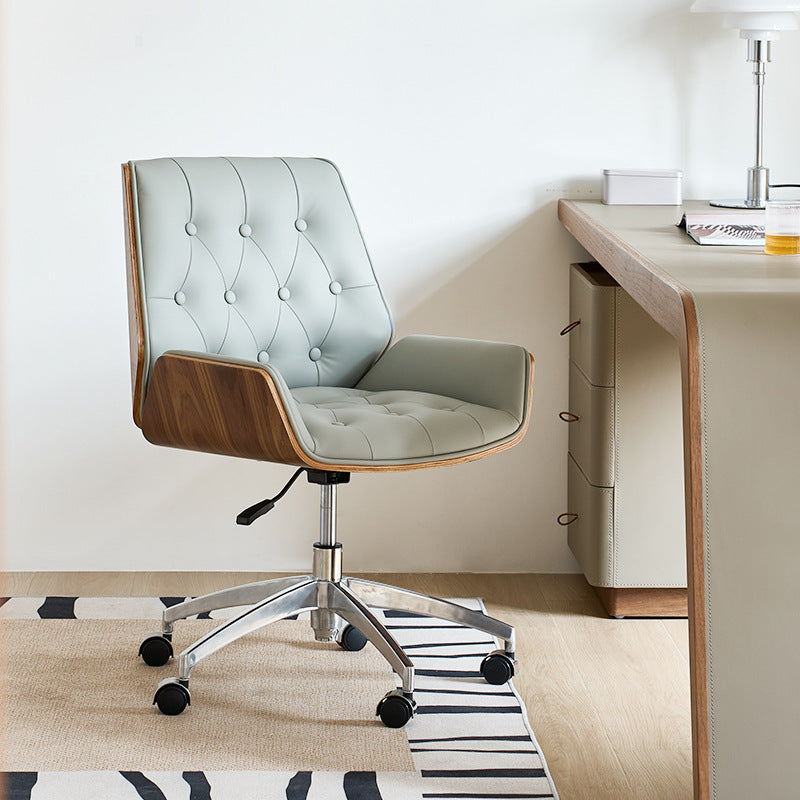 Contemporary Nordic Swivel Microfiber & Genuine Leather Wood Steel Square Desk Chair With Armrest And Backrest For Home Office Or Study