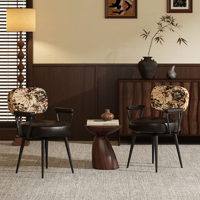 Contemporary Nordic Square Rectangular Carbon Steel Oil Wax Leather Jacquard Fabric Sunflower Pattern 360°Swivel Desk Chair Backrest Armrest For Home Office