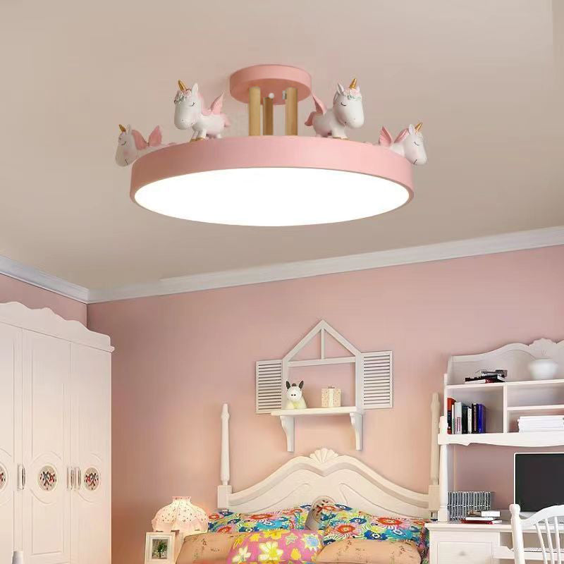 Contemporary Creative Resin Iron Acrylic Wood Unicorn Round LED Semi-Flush Mount Ceiling Light For Bedroom