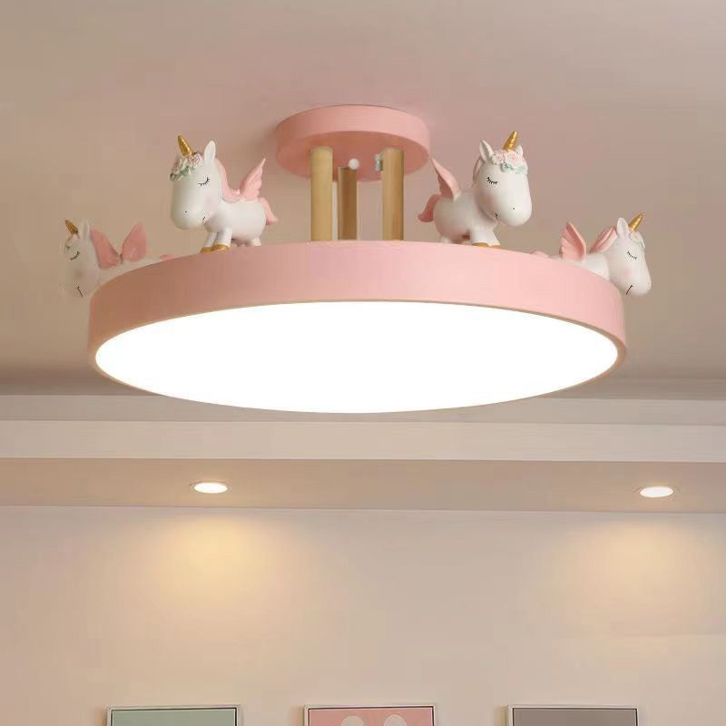 Contemporary Creative Resin Iron Acrylic Wood Unicorn Round LED Semi-Flush Mount Ceiling Light For Bedroom