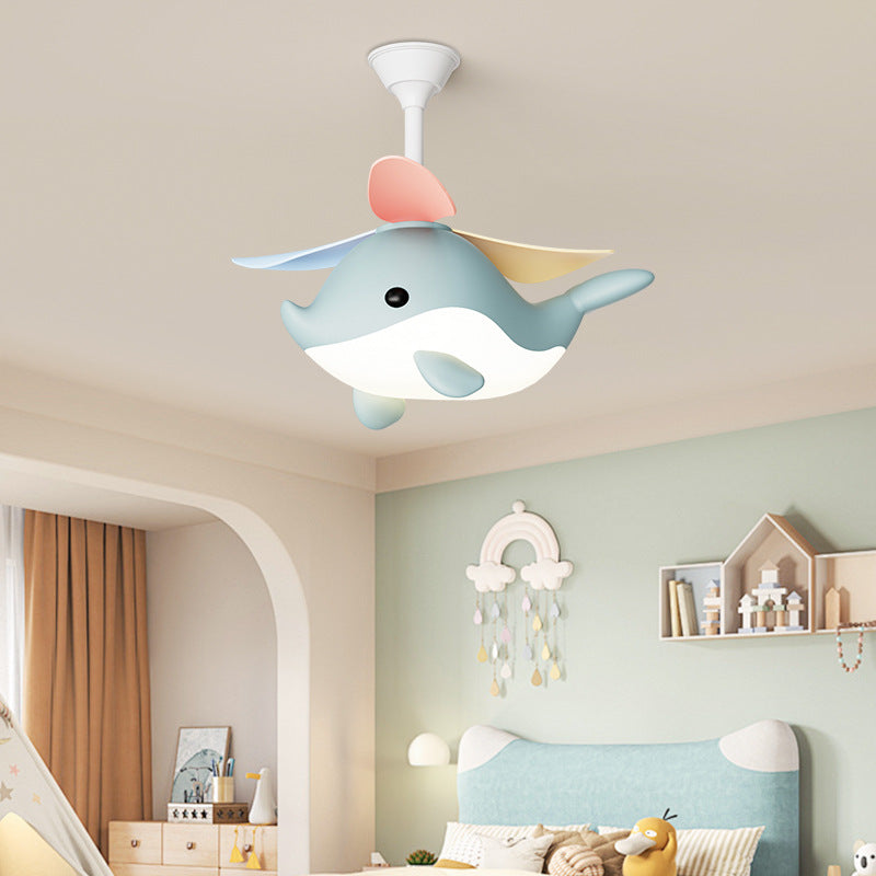 Contemporary Scandinavian Cartoon Whale Plane Iron Acrylic Shade ABS Fan LED Downrods Ceiling Fan Light For Bedroom