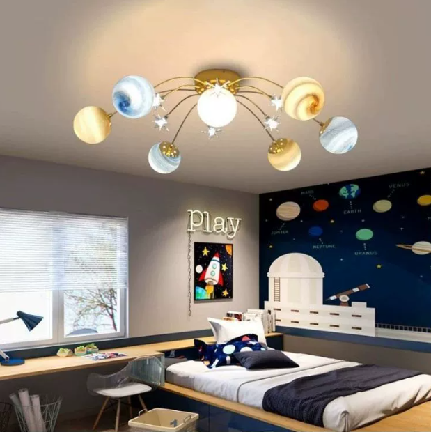 Contemporary Nordic Kids Iron Glass Ball Earth Planet 13-Light Semi-Flush Mount Ceiling Light For Bedroom