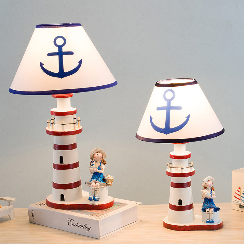 Contemporary Coastal Wood Fabric Kids Conic Lighthouse 1-Light Table Lamp For Bedroom