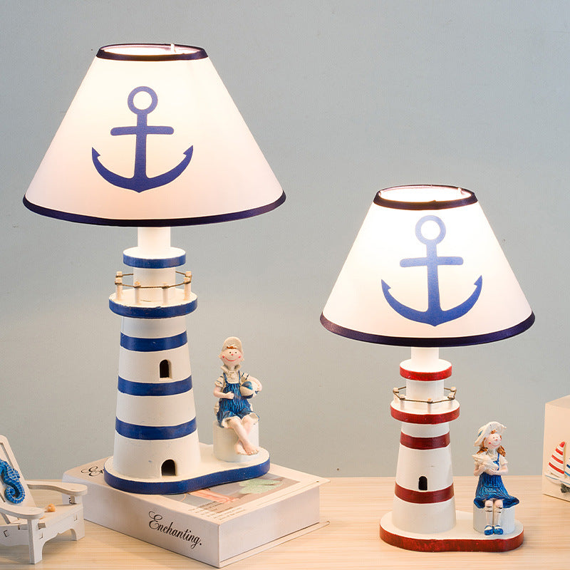 Contemporary Coastal Wood Fabric Kids Conic Lighthouse 1-Light Table Lamp For Bedroom