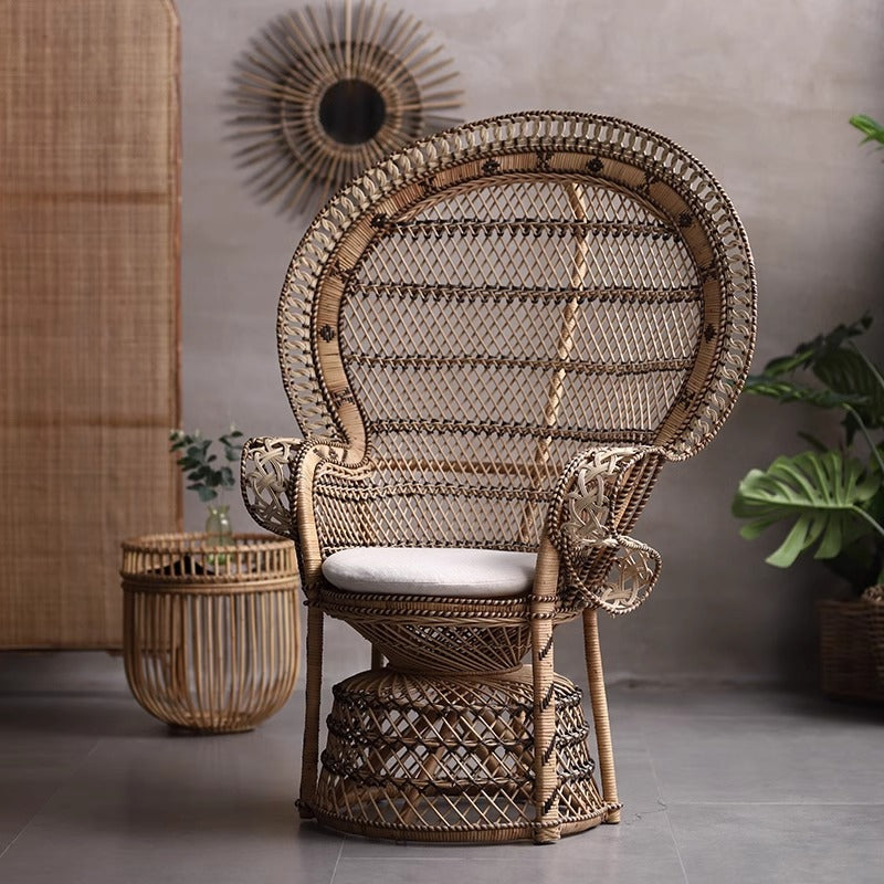 Contemporary Boho Handwoven Indonesian Rattan Accent Chair - High Back Peacock Rattan Lounge Chair With Waterproof Fabric Cushion For Living Room