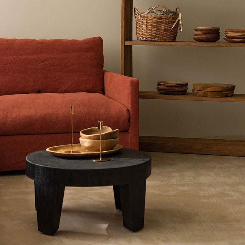 Traditional Rustic Solid Wood Round Coffee Table - Handcrafted Low Profile Sculptural Table For Living Room