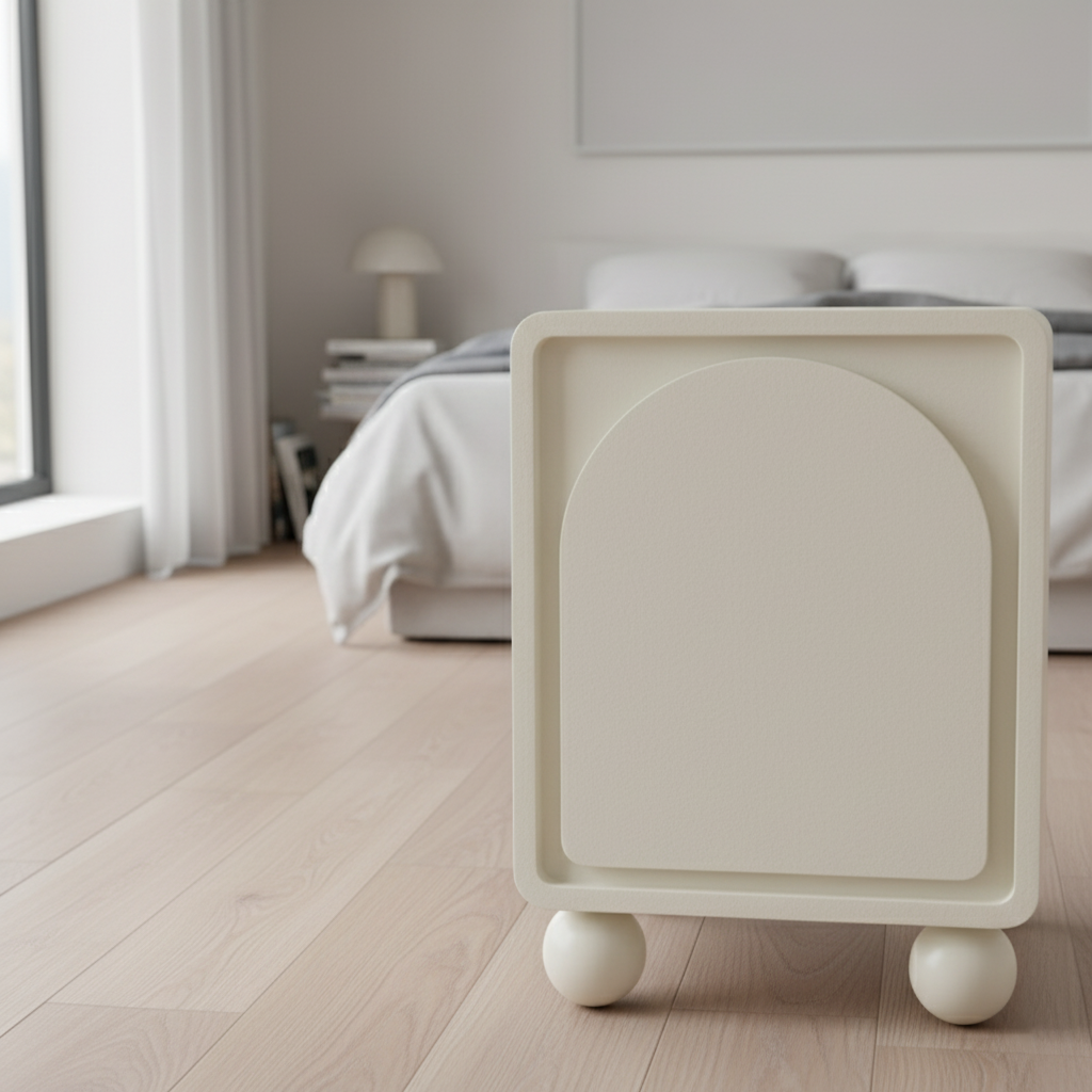 Contemporary Scandinavian Square Cream 1-Cabinet Accent Nightstand - Sculpted Arch Door & Ball Legs Bedside Table For Bedroom