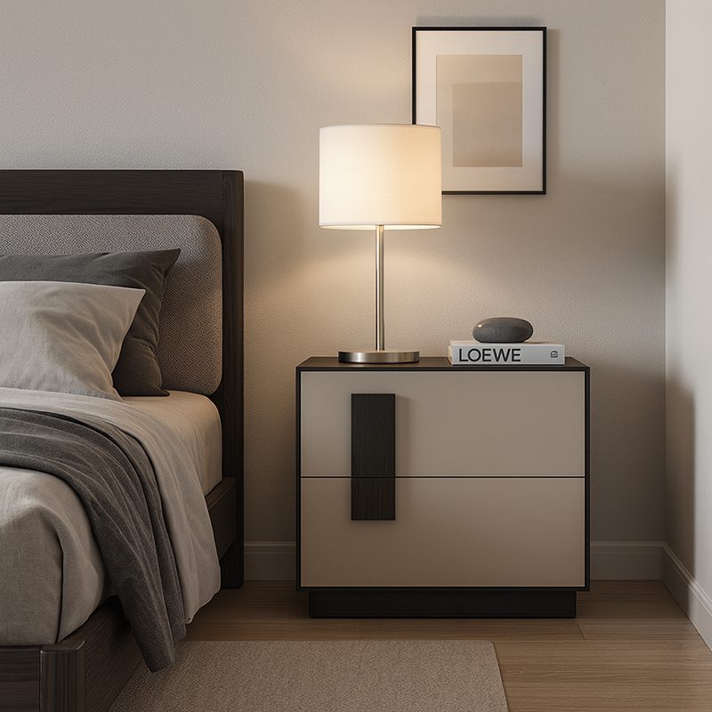 Modern Mid-Century Black & Walnut 2-Drawer Storage Nightstand - Color Blocking Frame Bedside Table For Bedroom