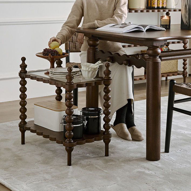 Traditional Vintage Rectangular Fluted Glass Pine Solid Wood Side Table 2-Tier For Living Room