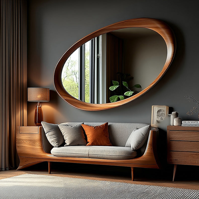 Traditional Vintage Oval Rubberwood Solid Wood Tempered Glass Wall Mirror For Bedroom