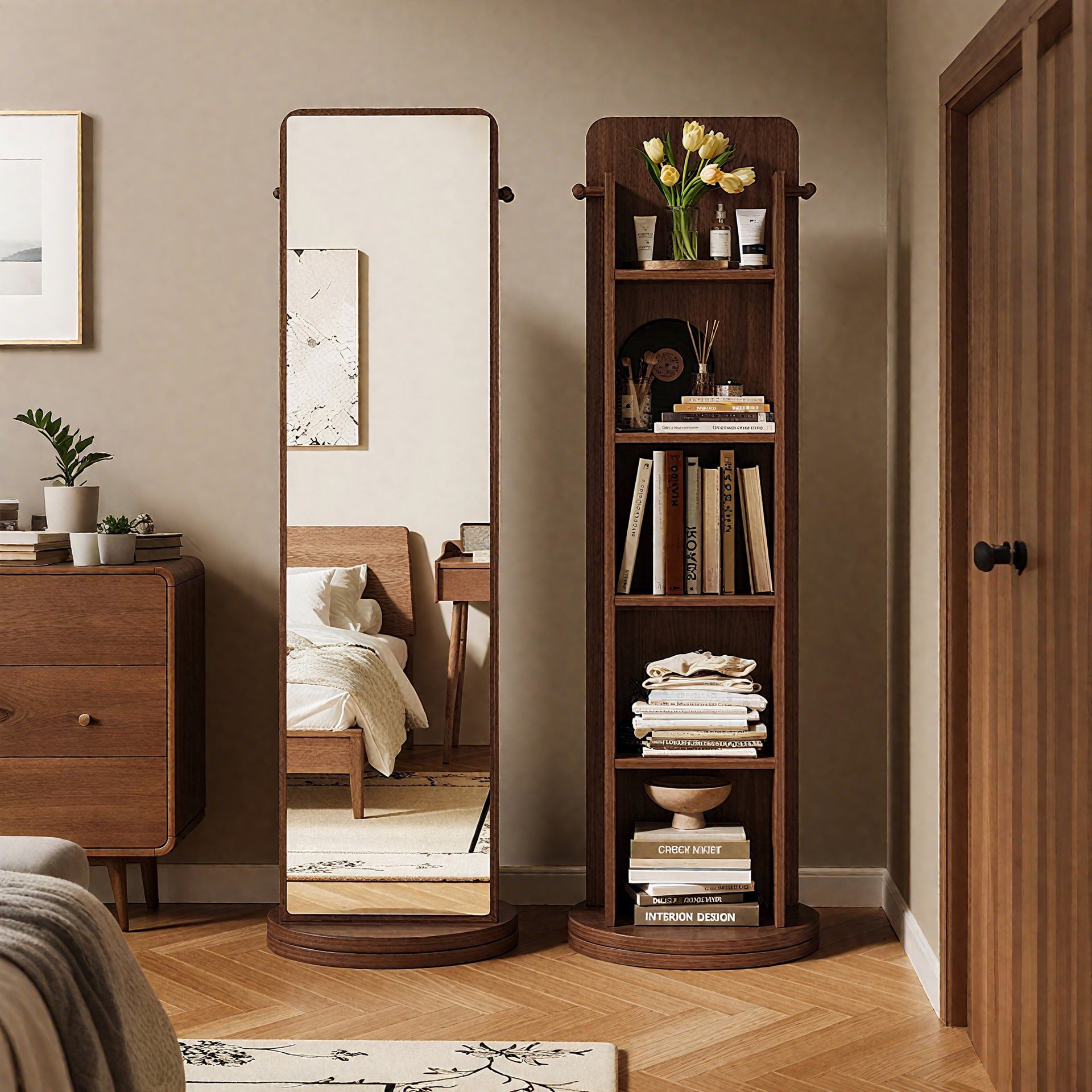 Traditional Vintage Rectangular Solid Wood Eco Panel Tempered Glass Rotatable Full-Length Mirror With 5-Tier Storage Shelf For Entryways