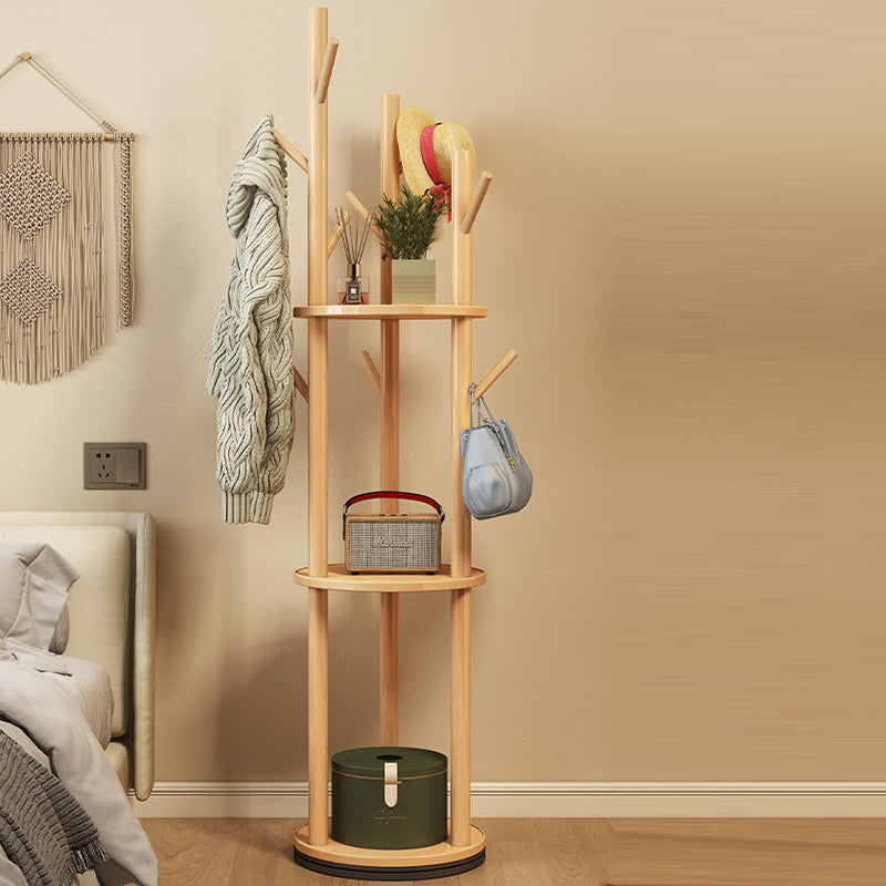 Contemporary Scandinavian Round Tree-Shaped Solid Pine Wood Medium-Density Fiberboard Swivel Hall Tree For Bedroom & Entryways