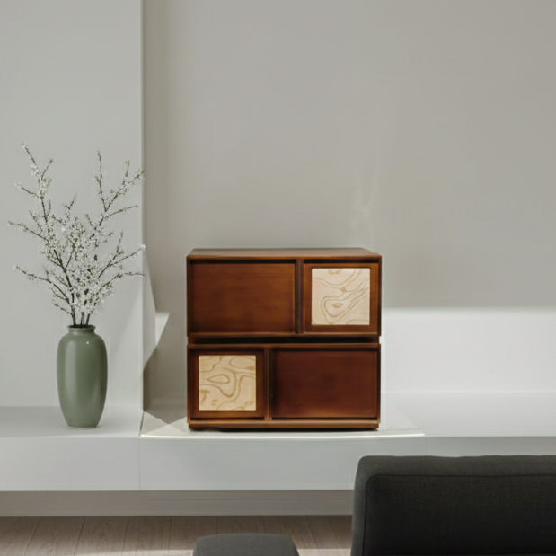 Traditional Vintage Square Walnut Nightstand: Multi-layer Solid Wood Panel - Retro-Style Dual-Drawer Bedside Cabinet For Bedroom