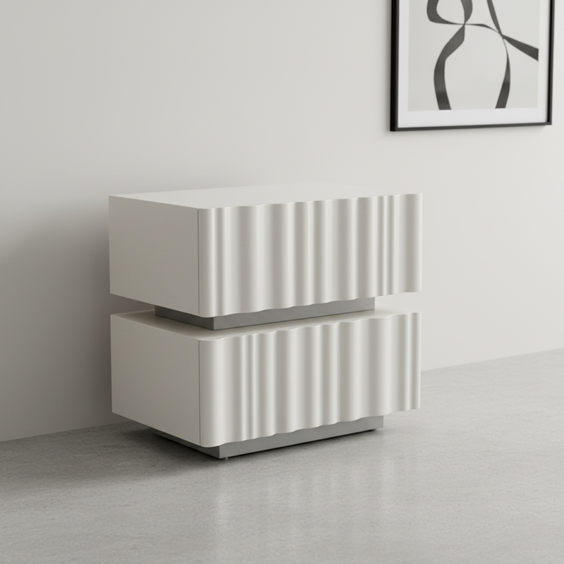 Modern Luxury White Nightstand: 3D Wavy Texture Drawers - Dual-Drawer Bedside Table For Bedroom