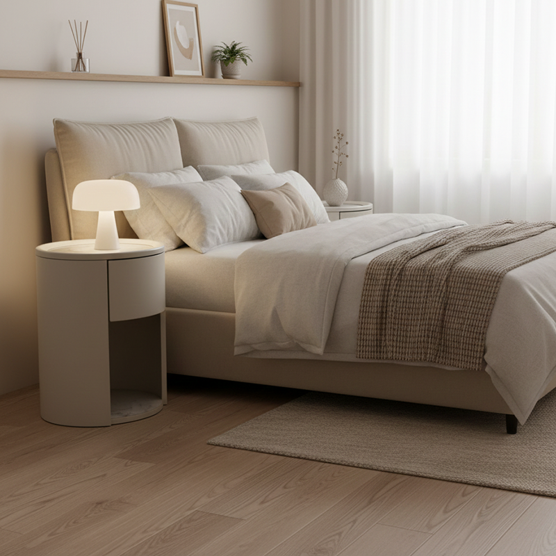 Modern Luxury White Nightstand: White Stone Slab Tabletop - Single Drawer Bedside Table For Bedroom