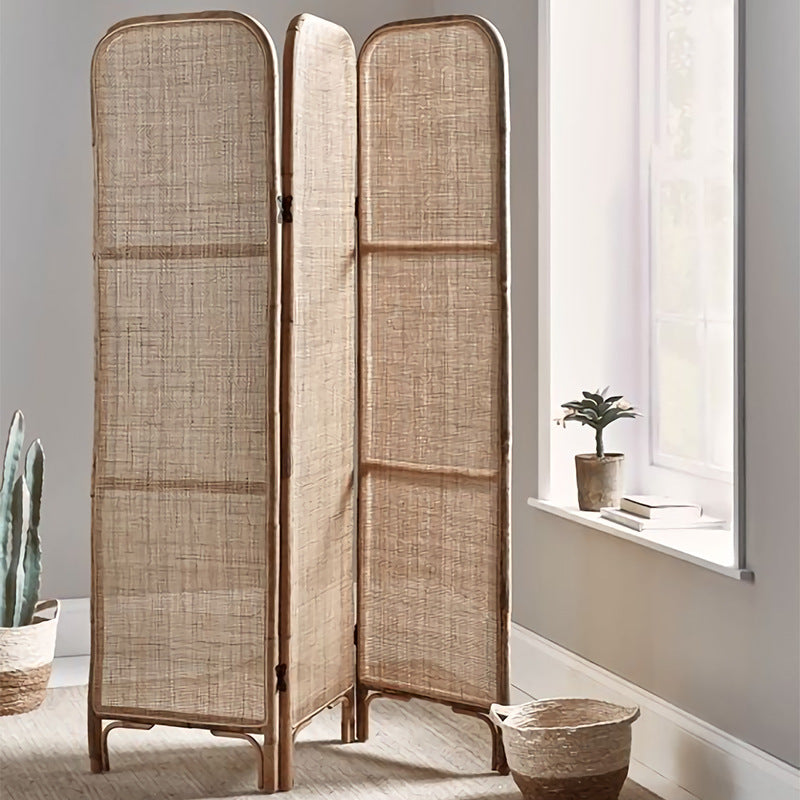 Traditional Chinese Wood Color Three-Panel Screen: Natural Indonesian Rattan - Handwoven Room Divider For Living Room