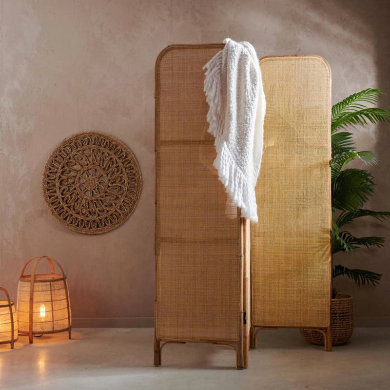 Traditional Chinese Wood Color Three-Panel Screen: Natural Indonesian Rattan - Handwoven Room Divider For Living Room