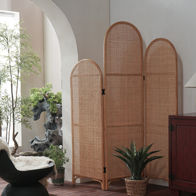 Traditional Chinese Wood Color Three-Panel Screen: Natural Indonesian Rattan & Handwoven - Asymmetrical Tiered Design Room Divider For Living Room